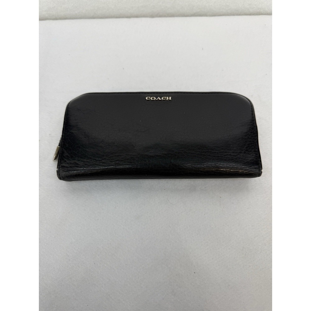 Coach Black Leather Bifold Wallet Zipper Clutch